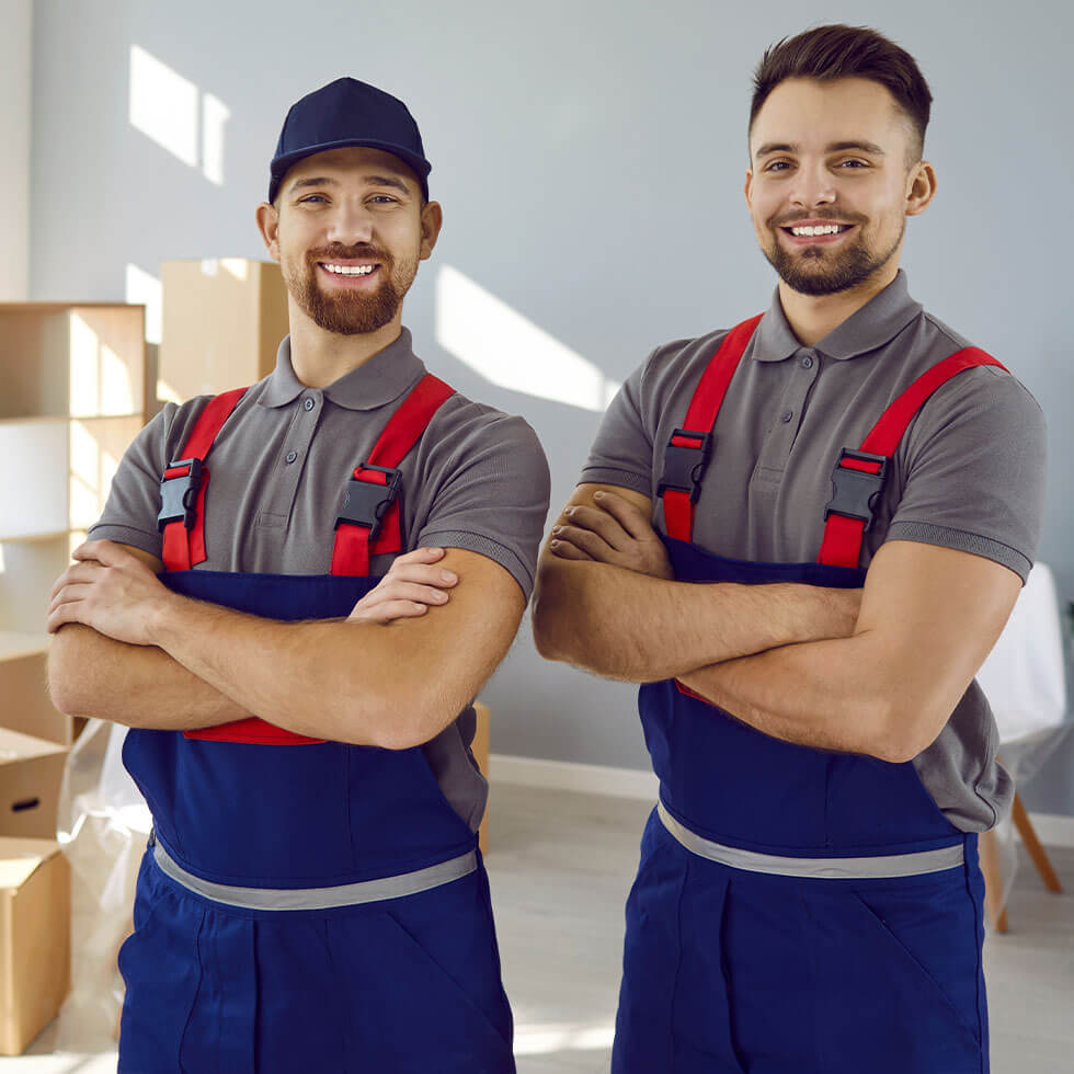 2 Umzugshelfer lächeln in Kamera