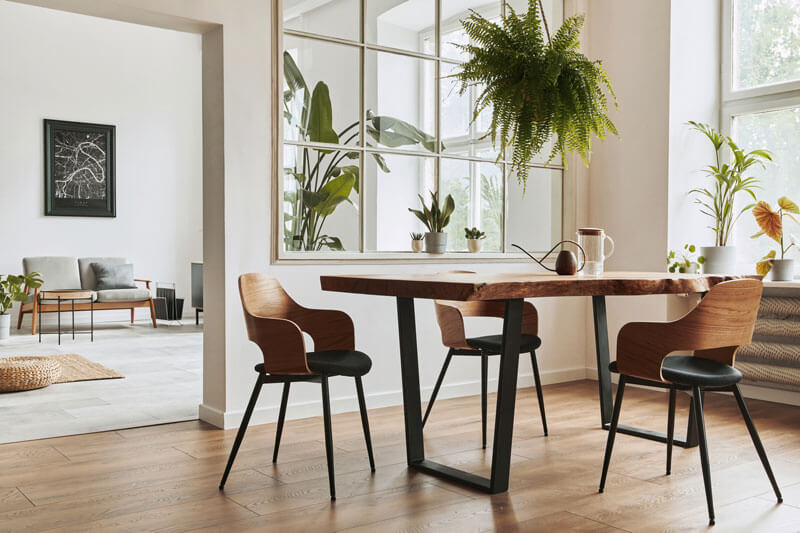 Esszimmers Holztisch, Stühlen und Pflanzen in einer modernen Wohnung